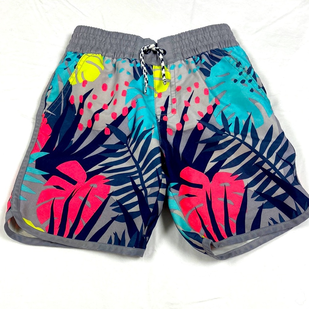 Gymboree boys gray and neon colored tropical swim trunks size small 5–6